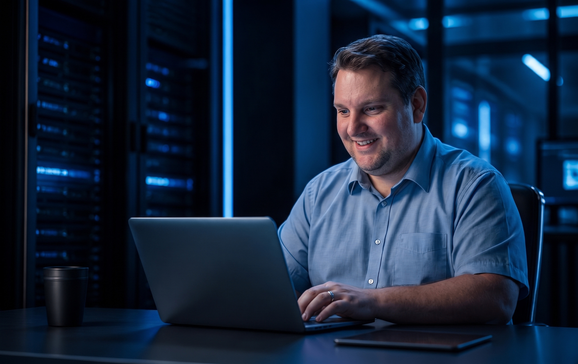 Andreas Kunz, Geschäftsführer von Connecting Media, am Laptop