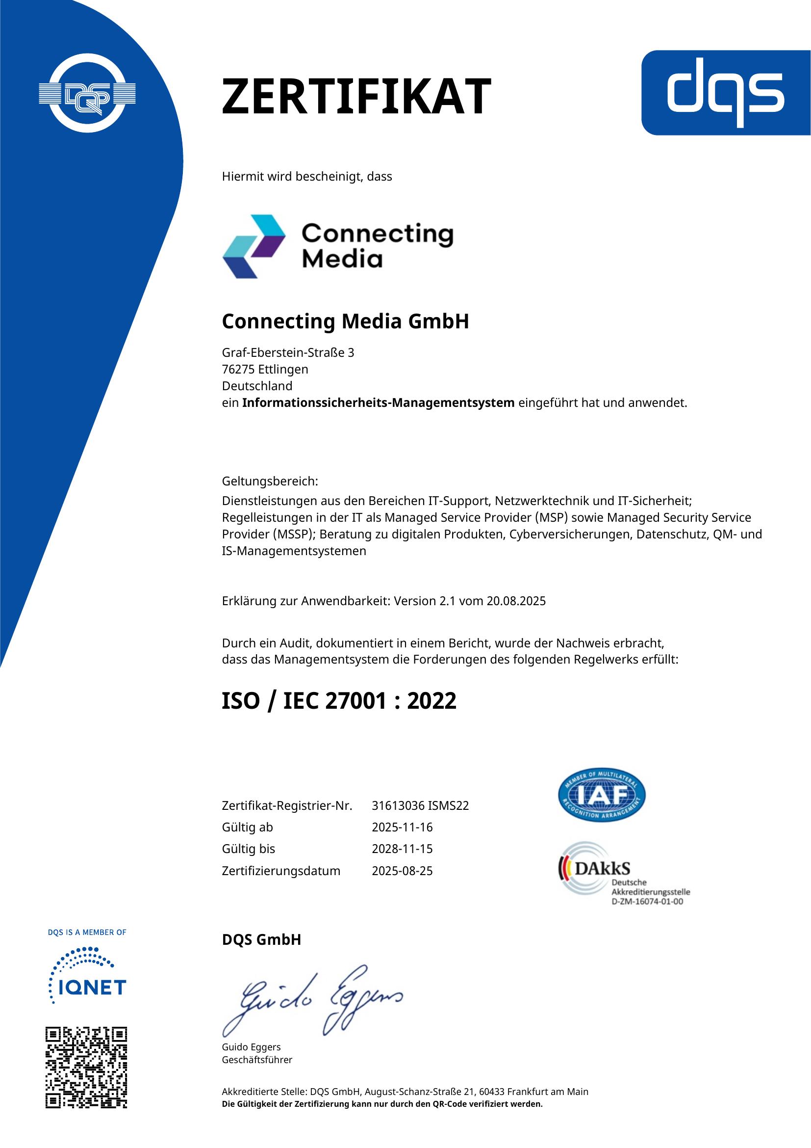 ISO/IEC 27001:2022 Zertifikat der Connecting Media GmbH, ausgestellt durch die DQS GmbH